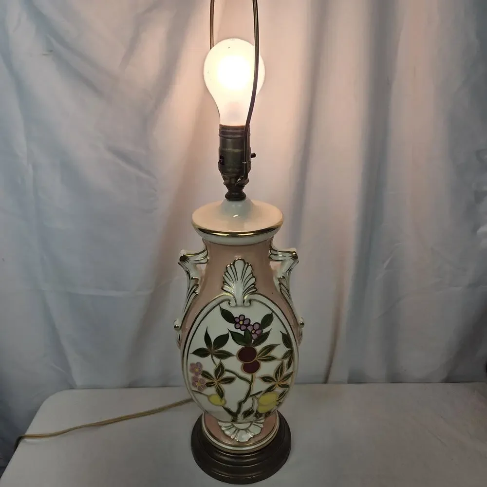 Mid Century Hand Painted Table Lamp Ceramic Floral Cherry Fruit Tree Pink Gold